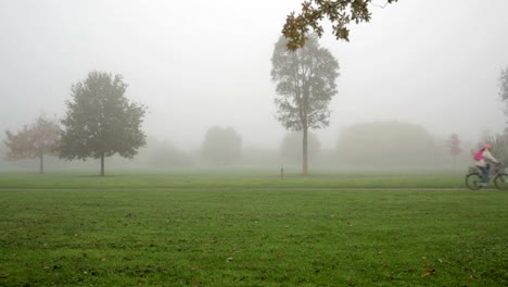 Ciclismo-a-través-de-un-parque-de-niebla