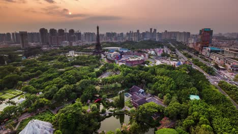 China-Sonnenuntergang-Licht-Shenzhen-berühmten-Park-Panorama-4k-Zeitraffer