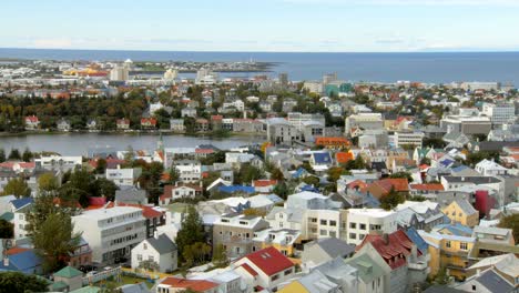 top-view-on-panorama-of-Reykjavik-city,-lake-Tjornin-and-Atlantic-ocean-on-background