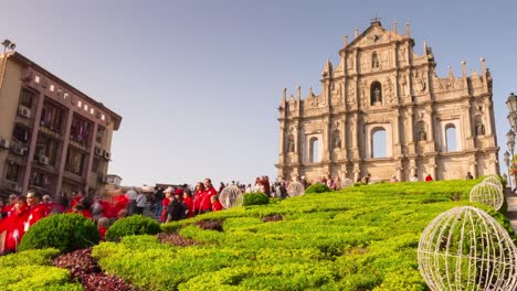 china-sunny-day-famous-macau-ruins-of-saint-paul's-crowded-panorama-4k-time-lapse