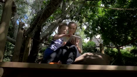 Mother-and-kid-with-pad-relaxing-outdoor