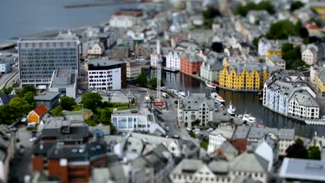 Aksla-at-the-city-of-Alesund-tilt-shift-lens,-Norway