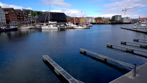 View-of-a-marina-in-Tromso,-North-Norway