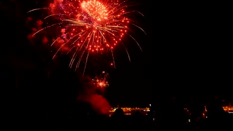 A-crowd-of-people-watch-colorful-fireworks-and-celebrate.