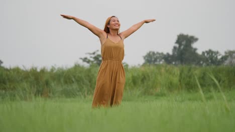 Beautiful-Young-Woman-standing-with-arms-raised-enjoy-in-nature