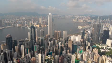 Aerial-panning-shot-of-Hong-Kong-skyline