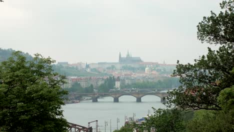 beautiful-view-on-Prague-city,-Vltava-river-and-bridges,-trees-branches-are-in-sides