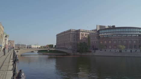 Blick-auf-die-Gebäude-auf-der-Seite-des-Flusses-in-Stockholm-Schweden