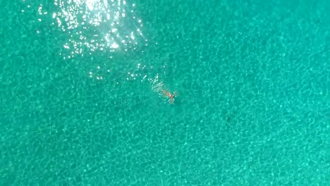 Vista-aérea-de-una-mujer-nadando-en-el-mar-de-la-isla-de-Atokos,-Grecia