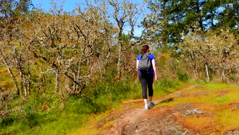 Mujer-deportiva-caminatas-por-claro-sendero