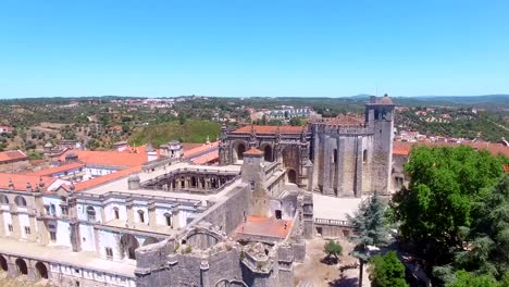 Aerial-view-of-monastery-Convent-of-Christ-in-Tomar,-Portugal