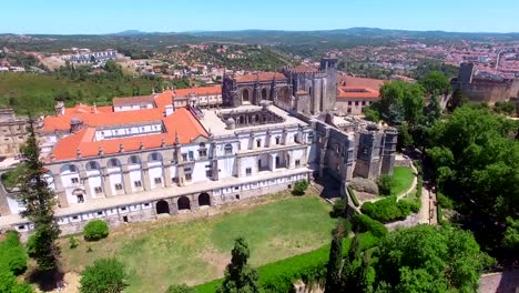 Aerial-view-of-monastery-Convent-of-Christ-in-Tomar,-Portugal