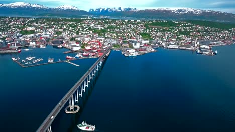 Bridge-of-city-Tromso,-Norway-Aerial-footage