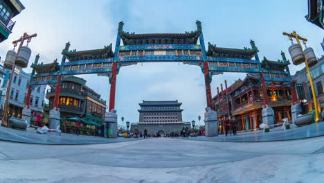 Beijing-city-Qianmen-Street-day-to-night-timelapse-in-China,-Time-Lapse