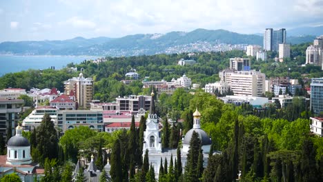 picturesque-landscape-of-Sochi-Russia,-top-view