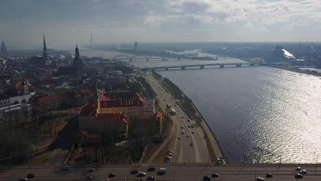 Landing-view-of-the-aerial-city-traffic-near-the-old-town