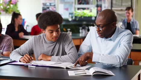 Tutor-de-secundaria,-sentado-en-el-escritorio-con-estudiante-masculino-en-clase-de-Biología