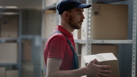 Warehouse-Worker-Takes-Cardboard-Box-Package-of-the-Shelf-and-Walks-Away-with-Him.