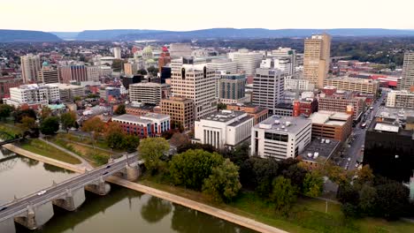 Aerial-View-Flying-into-The-Downtown-Urban-Core-of-Harrisburg-PA
