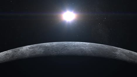 Luna.-Una-pequeña-parte-de-la-luna-es-iluminada-por-el-sol.-Vista-desde-el-espacio.-La-luna-gira-lentamente.-Centellean-de-estrellas.-4-K.-el-sol-es-en-el-marco.