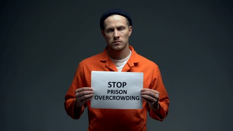 Prisoner-holding-Stop-prison-overcrowding-sign-in-cell,-life-conditions-in-jails