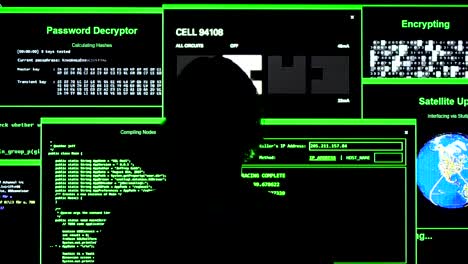 Cyber-Hacker-tritt-an,-um-sich-hinzusetzen-und-Daten-zu-prüfen.