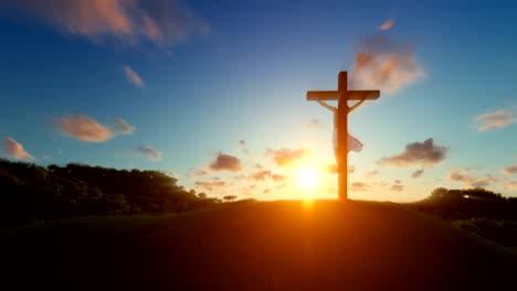 Jesus-on-cross-over-sunset,-concept-for-religion