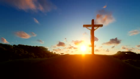 Jesus-am-Kreuz-über-Sonnenuntergang,-Konzept-für-Religion