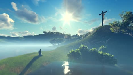 Woman-praying-at-Jesus-cross-against-beautiful-morning-sun