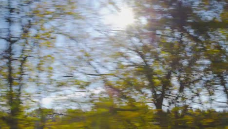 Otoño-de-conducción---conducción-en-una-carretera-de-montaña-en-un-hermoso-día-de-otoño.-Punto-de-vista-de-la-ventana-lateral-de-un-coche,-cámara-en-mano,-disparó-contra-el-sol