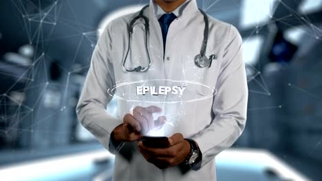 Epilepsie---männlich-Arzt-mit-Handy-öffnet-und-Hologramm-Krankheit-Wort-berührt