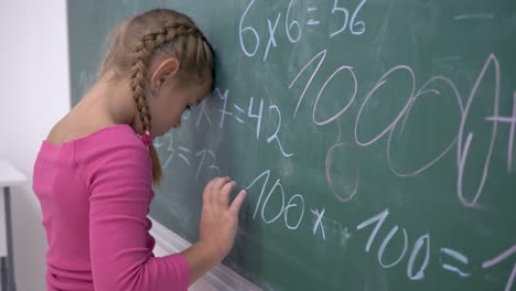 Schulbildung,-weibliche-Schüler-müde-Studien-stehen-in-der-Nähe-von-Blackboard-mit-Mathematik-Beispiele