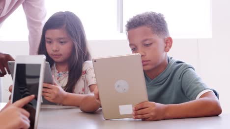 Teacher-with-kids-using-tablets-in-elementary-school-class