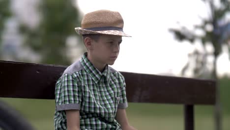 unhappy-suspicious-boy-sitting-on-a-bench-in-the-park,-a-boy-with-a-bad-family,-sad-boy-with-an-evil-look,-child-with-an-old-soul