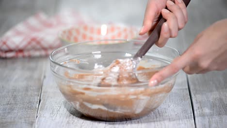 Mezcla-de-cacao-en-polvo,-harina-y-huevos-batidos.-Haciendo-Chocolate-Layer-Cake.-Serie.