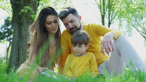 Familie-liest-ein-Buch-im-Freien