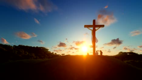 Jesus-am-Kreuz-gegen-schönen-Sonnenuntergang,-Gläubige-beten