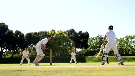 Schlagmann,-die-Kollision-mit-einem-Ball-im-Cricket-match