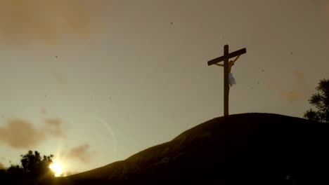 Jesus-cross-at-sunset,-panning