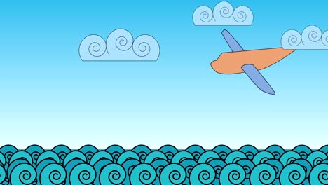 Animation---Cartoon.-Flugzeugabsturz-in-den-Wellen-des-Ozeans