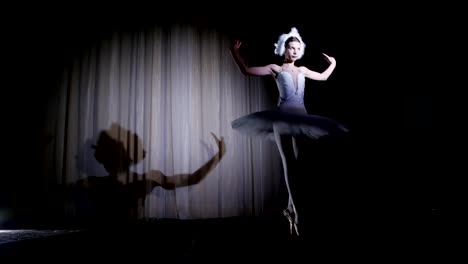 in-rays-of-spotlight,-on-the-stage-of-the-old-theater-hall.-Young-ballerina-in-suit-of-white-swan-and-pointe-shoes,-dances-elegantly-certain-ballet-motion,-Swan-Lake