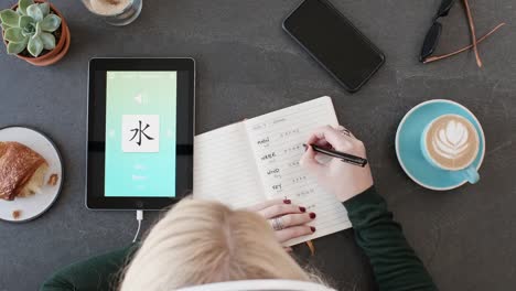 Frau-mit-Fremdsprache-lernen-chinesische-Handy-app