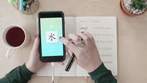 Frau-mit-Fremdsprache-lernen-chinesische-Handy-app