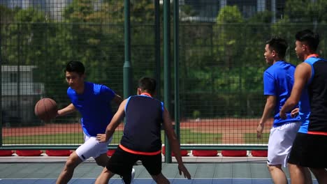 Junge-asiatische-Erwachsene-spielen-Basketball-im-freien