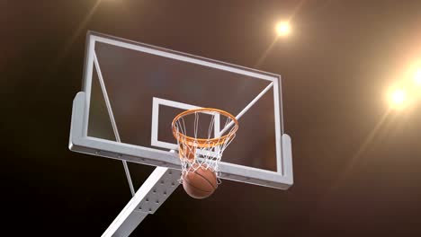 Professional-werfen-Basketball-Hoop-Zeitlupe-Kamera-fliegen.-Schöne-Ballflug-in-Korb-Net-Gericht-Gold-Strahler-Flares.-Sport-Konzept-3d-Animation