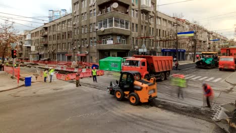 Tractor,-roller-on-the-road-repair-site-timelapse.-Road-construction-equipment