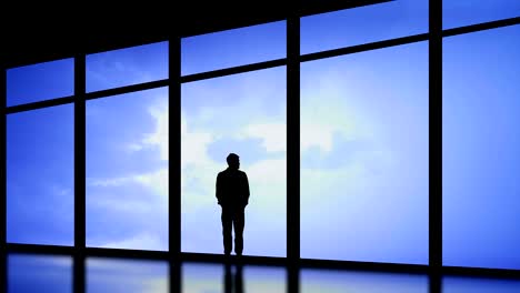 The-man-standing-near-window-on-the-night-thunderstorm-with-lightning-background