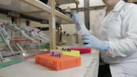 Ein-Forscher-Proben-auf-kleinere-Fläschchen-in-einem-genetischen-Labor-an-der-Universität-übertragen