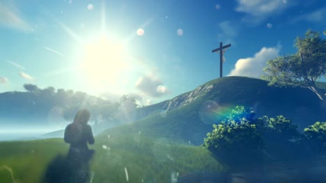 Frau-an-Jesus-Kreuz-gegen-schöne-Morgensonne-beten,-schwenken