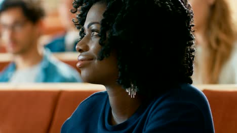 Portrait-of-a-Smart-and-Beautiful-Young-Black-Girl-Listening-to-a-Lecture-in-a-Classroom-Full-of-Multi-Ethnic-Students.-Young-People-in-College.